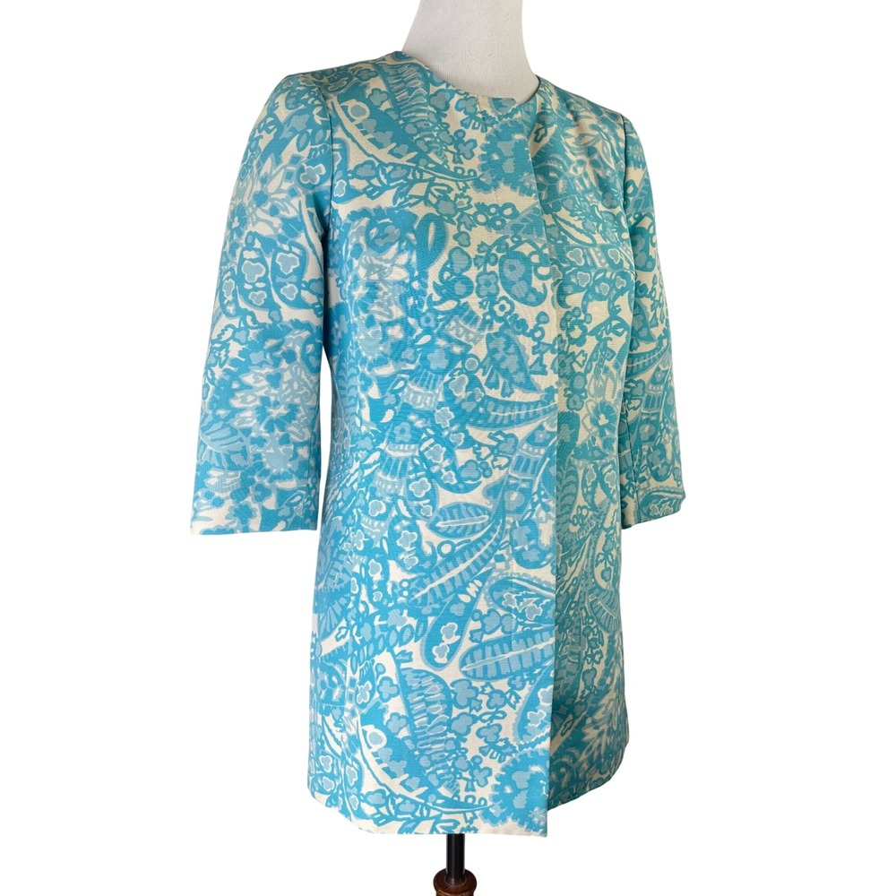 Talbots Blue White Paisley Floral Topper Jacket Coat 3/4 Sleeve Pocket 8 Petites